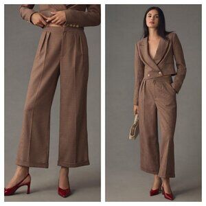 NEW Paige Jia Wide Leg Trouser Pants Pleated Houndstooth Brown Tan Women's 0